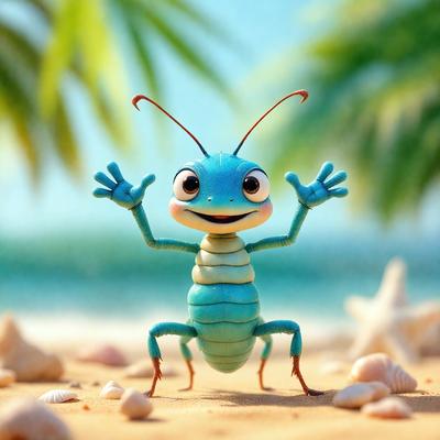 The primary subject of the image is a cartoon-like blue insect, possibly a grasshopper or a crab, standing on a sandy beach. The insect is holding its arms out, giving the impression of a friendly and welcoming gesture. The setting is a beach with palm trees in the background, creating a relaxing and tropical atmosphere. The visual style of the image is a digital art or illustration, with a vibrant blue color palette that adds a sense of fun and playfulness to the scene.